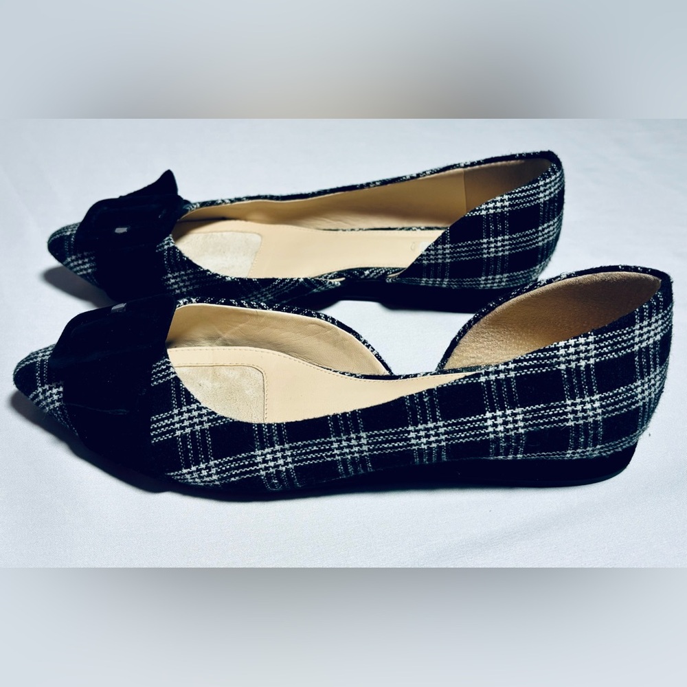 Alex Marie Clarabel d'Orsay Plaid Pointed Toe Buckle Flats Women's 8.5 Black Wht